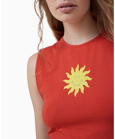 Women's Smiley 90s Graphic Tank Top Sm Smiley Sun, Aurora Red $15.40 Tops