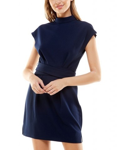 Juniors' Cap-Sleeve Mock-Neck Tie-Waist Dress Navy $14.62 Dresses