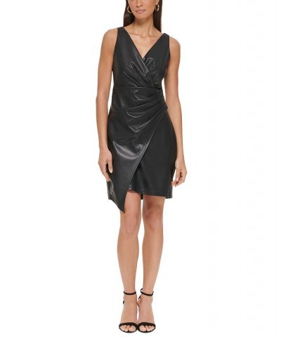 Women's Faux-Leather Faux-Wrap Sheath Dress Black $62.10 Dresses