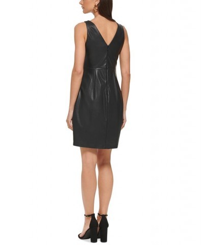 Women's Faux-Leather Faux-Wrap Sheath Dress Black $62.10 Dresses