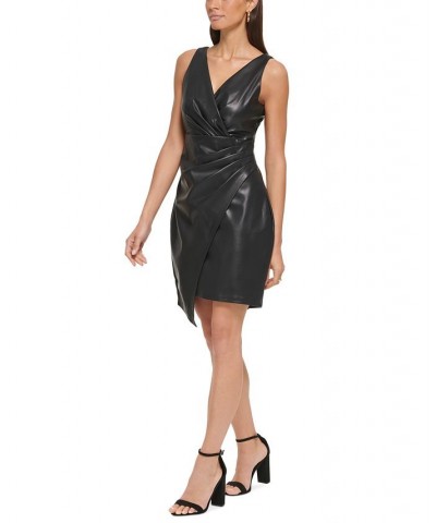 Women's Faux-Leather Faux-Wrap Sheath Dress Black $62.10 Dresses