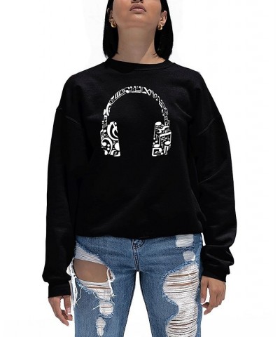 Women's Word Art Music Note Headphones Crewneck Sweatshirt Black $23.00 Tops