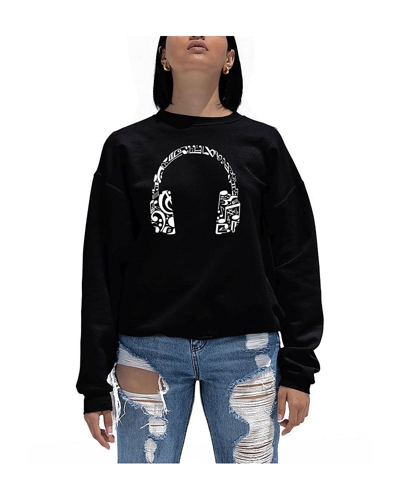 Women's Word Art Music Note Headphones Crewneck Sweatshirt Black $23.00 Tops