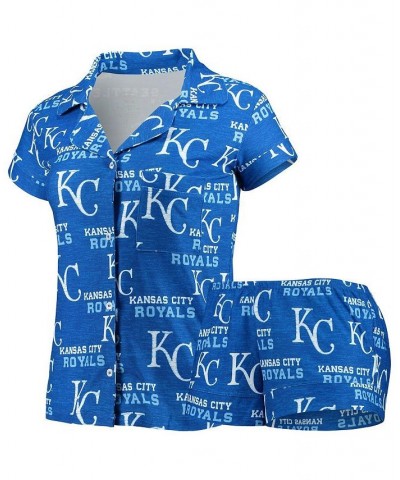 Women's Royal Kansas City Royals Zest Allover Print Button-Up Shirt and Shorts Sleep Set Royal $29.11 Pajama