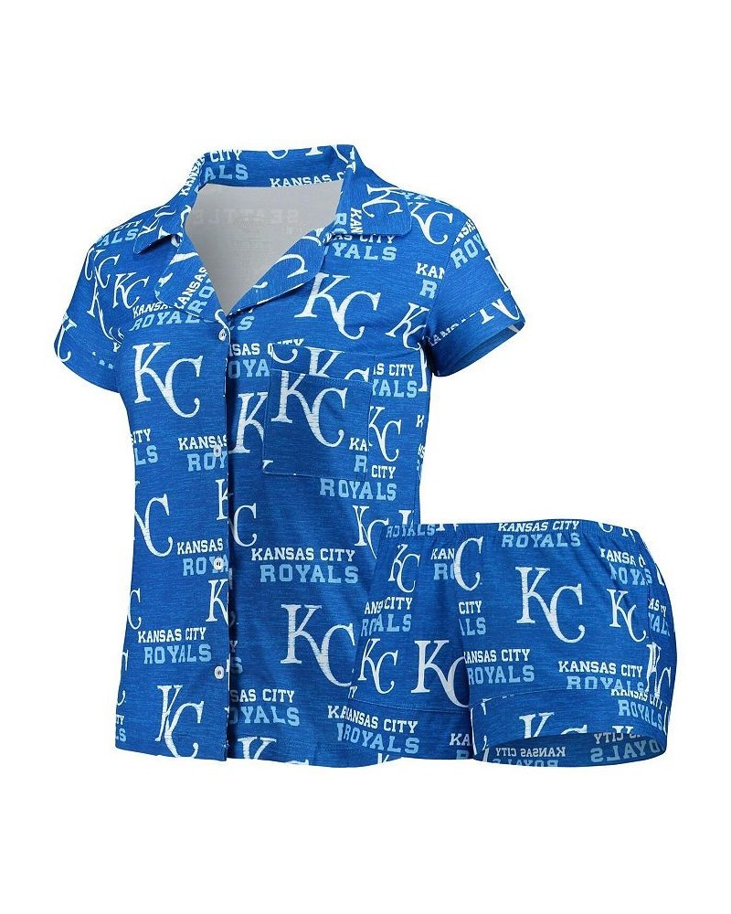 Women's Royal Kansas City Royals Zest Allover Print Button-Up Shirt and Shorts Sleep Set Royal $29.11 Pajama