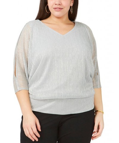 Plus Size Split-Sleeve Metallic Top Silver $44.50 Tops