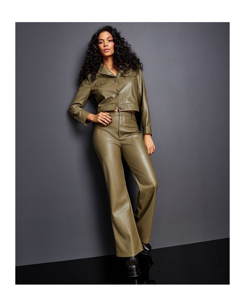 Women's Faux-Leather Notched Collar Jacket Olive $41.64 Jackets