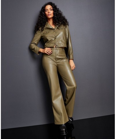 Women's Faux-Leather Notched Collar Jacket Olive $41.64 Jackets