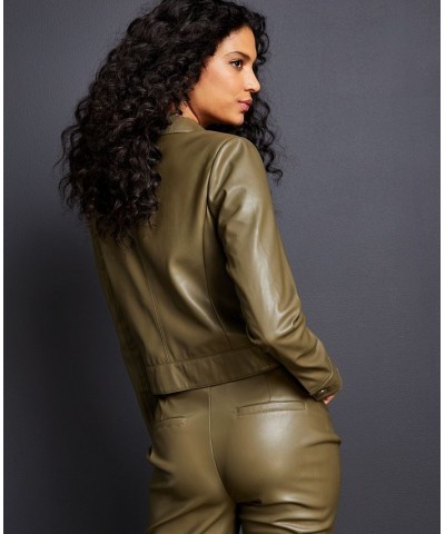 Women's Faux-Leather Notched Collar Jacket Olive $41.64 Jackets