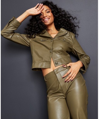 Women's Faux-Leather Notched Collar Jacket Olive $41.64 Jackets