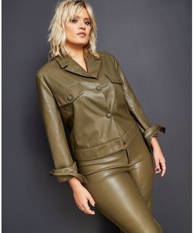 Women's Faux-Leather Notched Collar Jacket Olive $41.64 Jackets