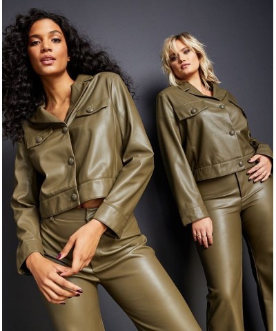 Women's Faux-Leather Notched Collar Jacket Olive $41.64 Jackets