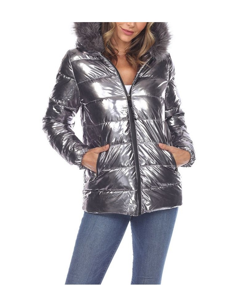 Women's Metallic Puffer Coat With Hoodie Blue $37.06 Jackets