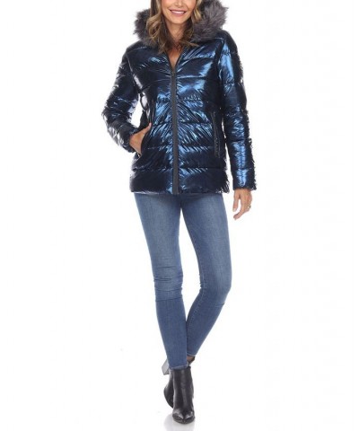 Women's Metallic Puffer Coat With Hoodie Blue $37.06 Jackets