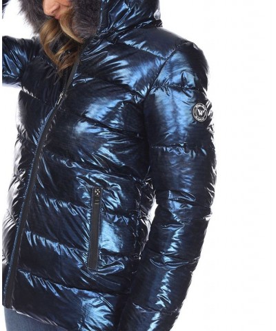 Women's Metallic Puffer Coat With Hoodie Blue $37.06 Jackets