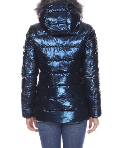 Women's Metallic Puffer Coat With Hoodie Blue $37.06 Jackets