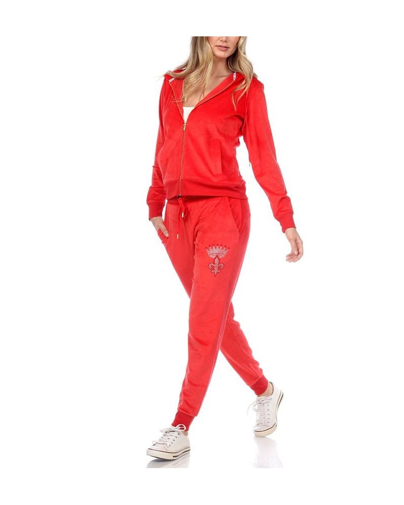 Rhinestone Velour Tracksuit 2 Piece Set Red $42.72 Sleepwear