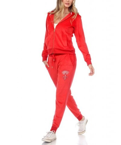 Rhinestone Velour Tracksuit 2 Piece Set Red $42.72 Sleepwear