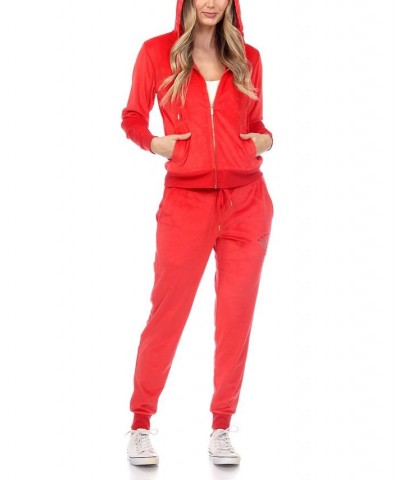 Rhinestone Velour Tracksuit 2 Piece Set Red $42.72 Sleepwear