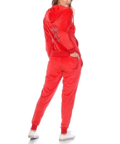 Rhinestone Velour Tracksuit 2 Piece Set Red $42.72 Sleepwear