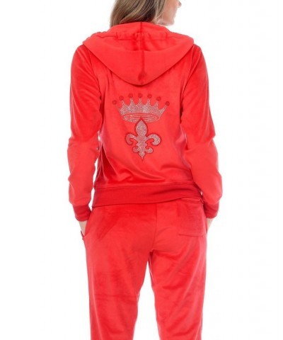 Rhinestone Velour Tracksuit 2 Piece Set Red $42.72 Sleepwear