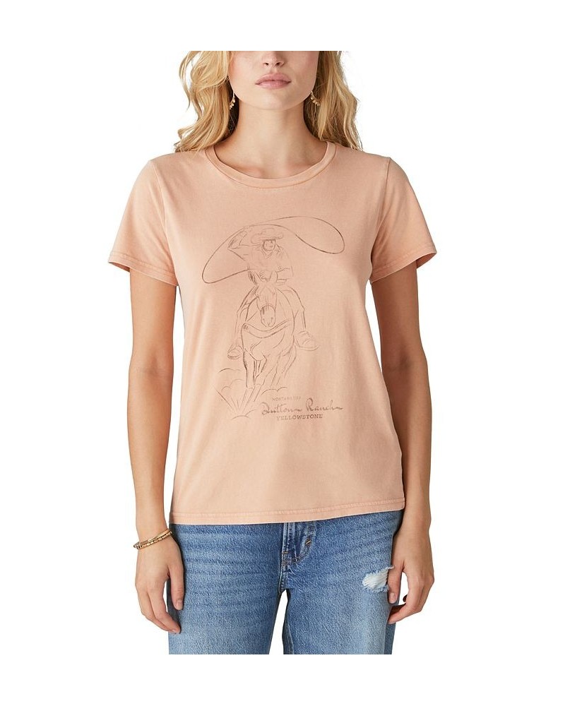 Women's Yellowstone Cotton Cowboy Graphic-Print T-Shirt Peach Bloom $29.16 Tops