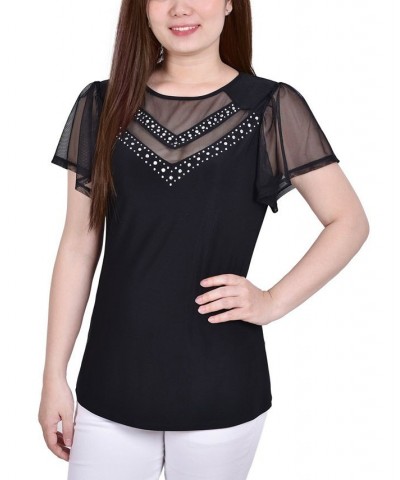 Petite Studded Short Flutter Sleeve Top Black $12.30 Tops