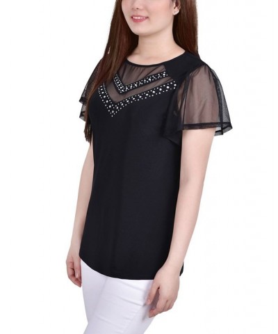 Petite Studded Short Flutter Sleeve Top Black $12.30 Tops