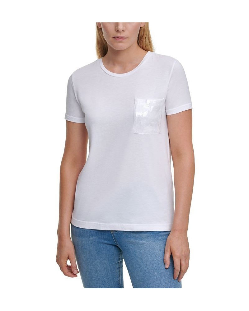 Short Sleeve Sequin Pocket T-Shirt White $35.40 Tops