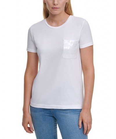 Short Sleeve Sequin Pocket T-Shirt White $35.40 Tops