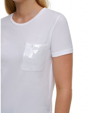 Short Sleeve Sequin Pocket T-Shirt White $35.40 Tops