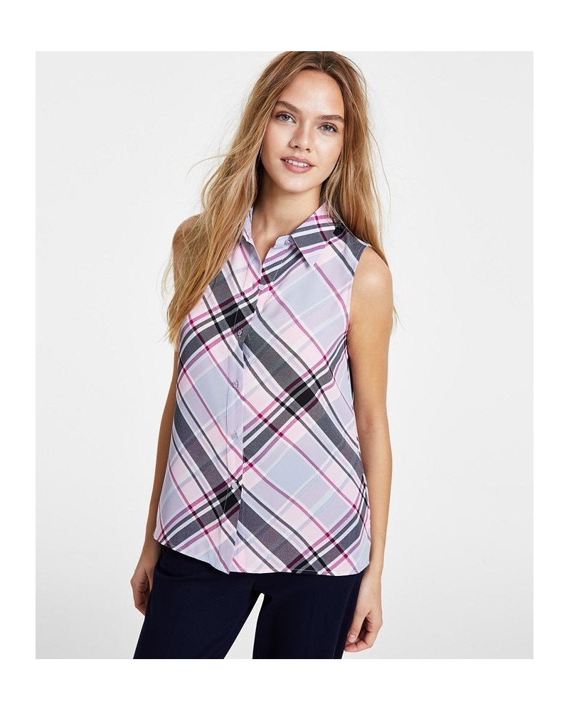 Women's Plaid Point-Collar Button-Up Sleeveless Top Pink Mist $24.06 Tops