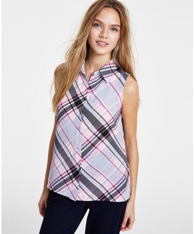 Women's Plaid Point-Collar Button-Up Sleeveless Top Pink Mist $24.06 Tops