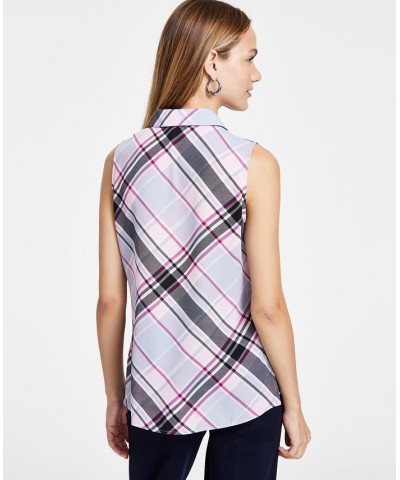 Women's Plaid Point-Collar Button-Up Sleeveless Top Pink Mist $24.06 Tops