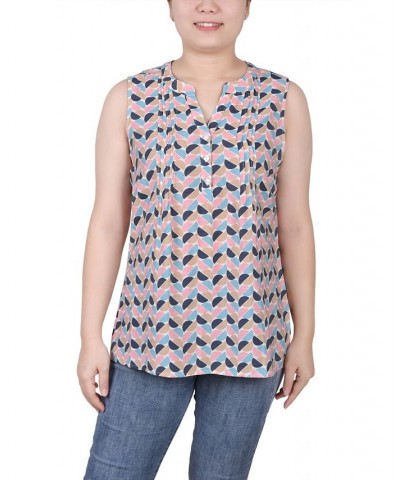 Petite Sleeveless Printed Pintucked Blouse Pink Black Blue Half Moon $12.71 Tops