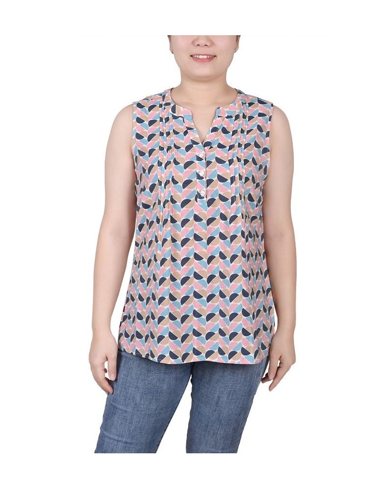 Petite Sleeveless Printed Pintucked Blouse Pink Black Blue Half Moon $12.71 Tops