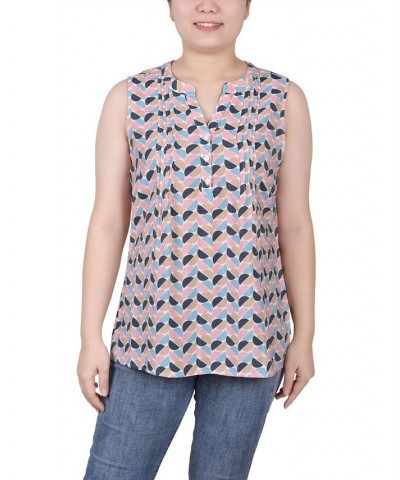 Petite Sleeveless Printed Pintucked Blouse Pink Black Blue Half Moon $12.71 Tops