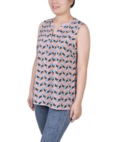 Petite Sleeveless Printed Pintucked Blouse Pink Black Blue Half Moon $12.71 Tops