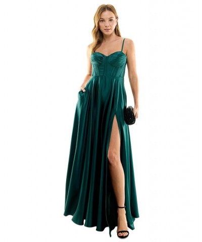 Juniors' Pleated-Bodice High-Slit Evening Gown Hunter $57.24 Dresses