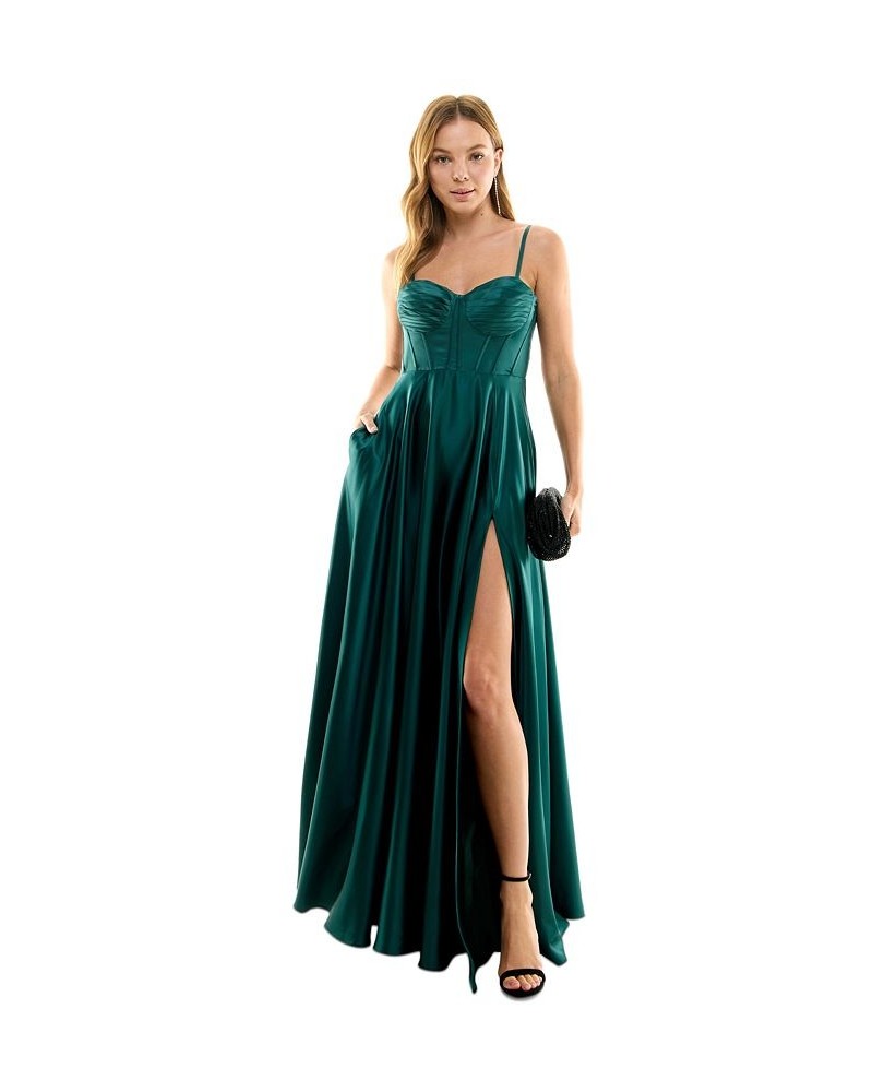 Juniors' Pleated-Bodice High-Slit Evening Gown Hunter $57.24 Dresses