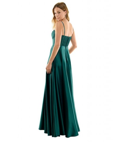 Juniors' Pleated-Bodice High-Slit Evening Gown Hunter $57.24 Dresses