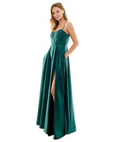 Juniors' Pleated-Bodice High-Slit Evening Gown Hunter $57.24 Dresses