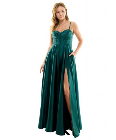 Juniors' Pleated-Bodice High-Slit Evening Gown Hunter $57.24 Dresses