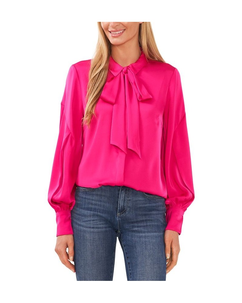 Women's Long Sleeve Button-Up Bow Blouse Pink $24.67 Tops