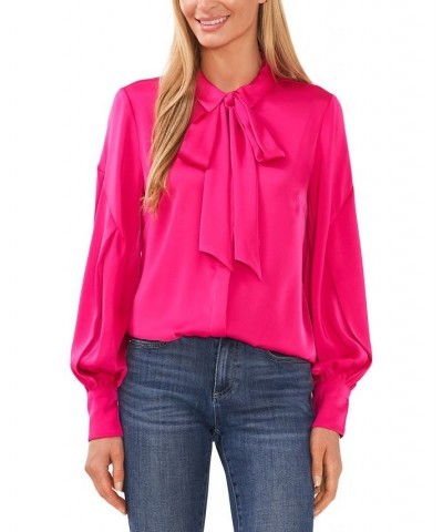 Women's Long Sleeve Button-Up Bow Blouse Pink $24.67 Tops