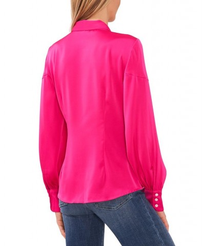 Women's Long Sleeve Button-Up Bow Blouse Pink $24.67 Tops