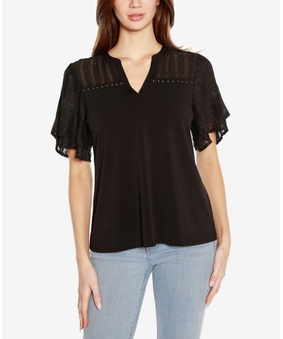 Black Label Women's Split Neck Mixed Media Top Black $41.65 Tops