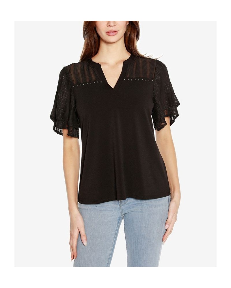 Black Label Women's Split Neck Mixed Media Top Black $41.65 Tops