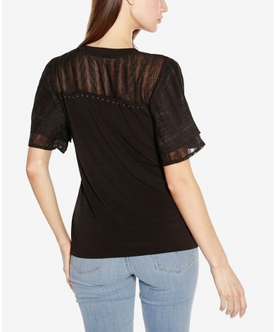 Black Label Women's Split Neck Mixed Media Top Black $41.65 Tops