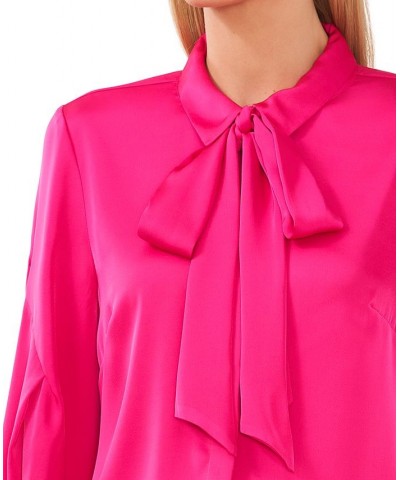 Women's Long Sleeve Button-Up Bow Blouse Pink $24.67 Tops